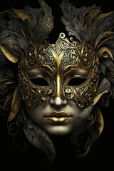 Mardi Gras carnival festival black and gold mask vertical web banner. Mardi Gras carnival poster. AI generative