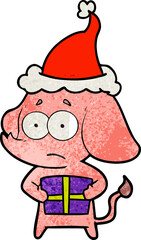 textured cartoon of a unsure elephant with christmas present wearing santa hat