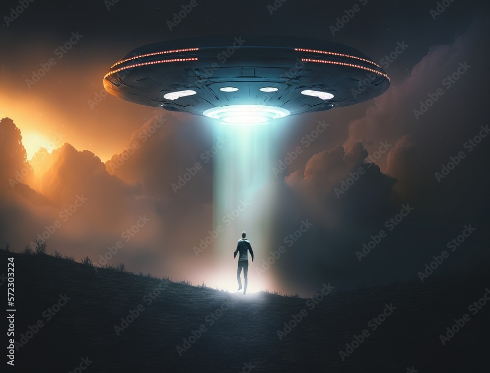 Wall mural man being abducted by mysterious ufo human floating in air during dark night in open field