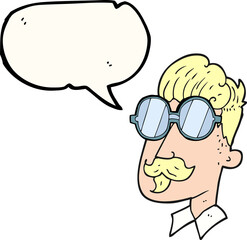 speech bubble cartoon man with mustache and spectacles