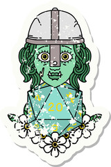 half orc fighter character with natural twenty dice roll grunge sticker
