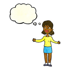 cartoon happy woman shrugging shoulders with thought bubble