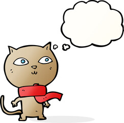 cartoon funny cat wearing scarf with thought bubble