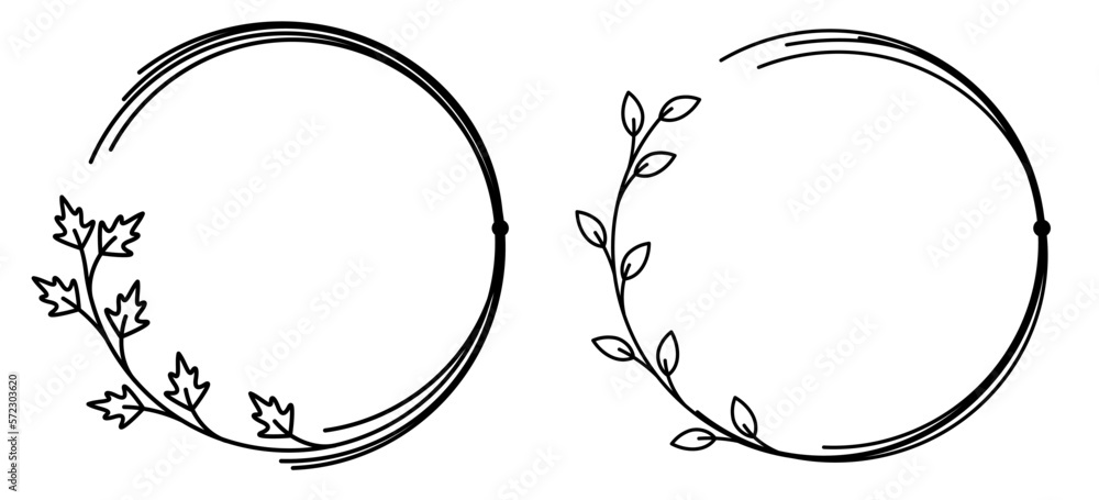 Poster vector unusual circle frames in mono line style with leafs. collection of pair floral frames.