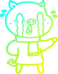 cold gradient line drawing crying pig cartoon wearing human clothes