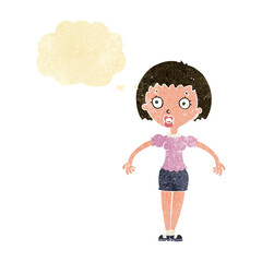 cartoon confused woman shrugging shoulders with thought bubble