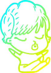 cold gradient line drawing cartoon woman with eyes shut