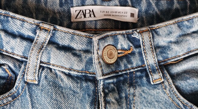 February 16, 2023, Tbilisi, Georgia: Closeup view of classic blue jeans from Zara chain store