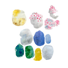 Watercolor simple abstract blobs clip art, simple paint spots, decorative elements, isolated, cold colors, simple drawing