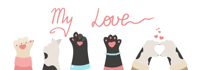 Horizontal banner with cat paws, heart finger gestures, vector flat illustration. Funny paws of animals.