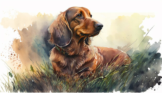 Watercolor painting of beautiful brown dachshund on a grassy field. Made with generative AI.