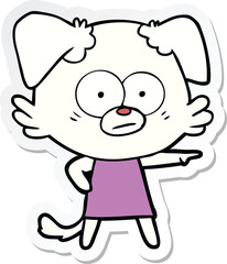 sticker of a nervous cartoon dog in dress pointing