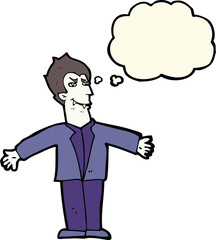 cartoon vampire man with open arms with thought bubble