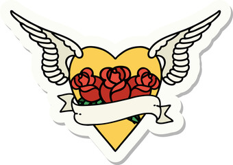 tattoo style sticker of a heart with wings flowers and banner