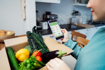 Online home food delivery. Focus on active app with order list on the phone screen. Woman checking...