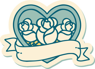 tattoo style sticker of a heart and banner with flowers