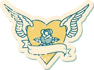 distressed sticker tattoo style icon of a heart with wings a rose and banner