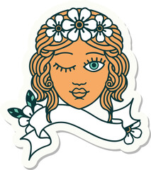tattoo sticker with banner of a maidens face winking