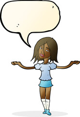 cartoon woman shrugging shoulders with speech bubble
