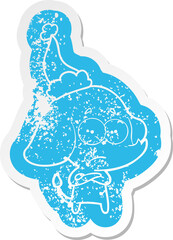 cartoon distressed sticker of a unsure elephant wearing santa hat