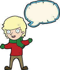 Obraz premium cartoon boy in winter clothes with speech bubble