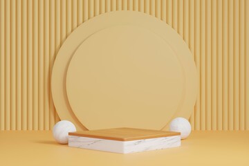 3D podium on brown or yellow background.Realistic Wooden and stone stand.Platform show cosmetic product.Pedestal,Abstract scene,Empty,display presentation,Pastel beige.Minimal mockup 3d render.