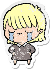 distressed sticker of a cartoon woman crying