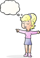 cartoon happy woman pointing with thought bubble