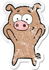 distressed sticker of a happy cartoon pig