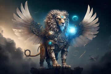 robot lion with wings created using AI Generative Technology