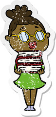 distressed sticker of a cartoon librarian woman wearing spectacles