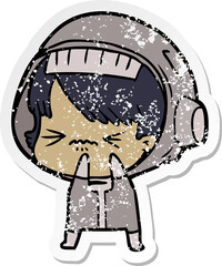distressed sticker of a angry cartoon space girl
