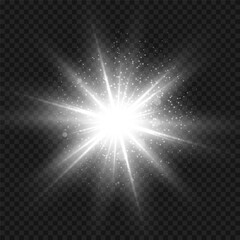 Fototapeta premium Star burst with sparkles. Silver light flare effect with stars, sparkles and glitter isolated on transparent background. Vector illustration of shiny glow star with stardust, white lens flare