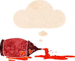 cartoon spilled ketchup bottle and thought bubble in retro textured style