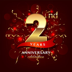 2nd Anniversary logo design with golden number and red ribbon for anniversary celebration event, invitation, wedding, greeting card, banner, poster, flyer, brochure, book cover. Logo Vector Template