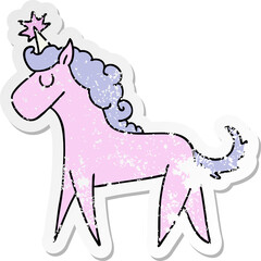 distressed sticker of a quirky hand drawn cartoon unicorn