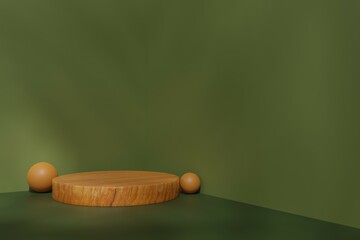 3D display podium on green background with leaf shadow.Realistic Wooden stand.Platform show cosmetic product.Pedestal,Abstract scene,Empty,display presentation,Pastel beige.Minimal mockup 3d render.