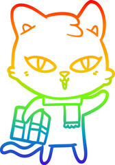 rainbow gradient line drawing cartoon cat with a present