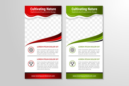 cultivating nature roll up Banner Design, Cleaning Service flyer template, space photo collage and text. Trend Business poster with vetical layout. white background with green and red gradient element