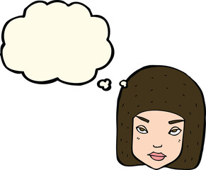 cartoon annoyed female face with thought bubble