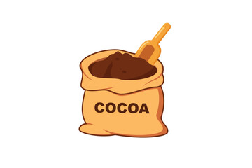 Vector of cocoa powder in a bag with a wooden spoon on it isolated on a white background