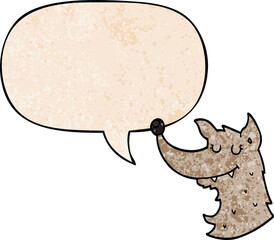 cartoon wolf and speech bubble in retro texture style