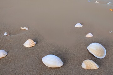 Naklejka na ściany i meble seashells on the sand beach - generative ai
