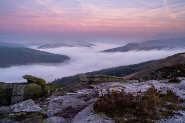 Bamford Edge sunrise cloud inversion in the Peak District National Park, UK.