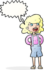 cartoon woman in dungarees with speech bubble