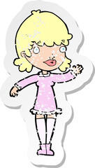 retro distressed sticker of a cartoon woman waving