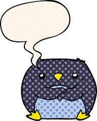 cartoon penguin and speech bubble in comic book style