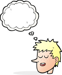cartoon happy boy face with thought bubble