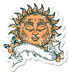 grunge sticker with banner of a sun