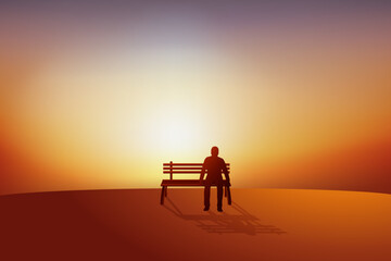 Concept de la solitude et de l’isolement avec un homme déprimé, assis sur un banc.